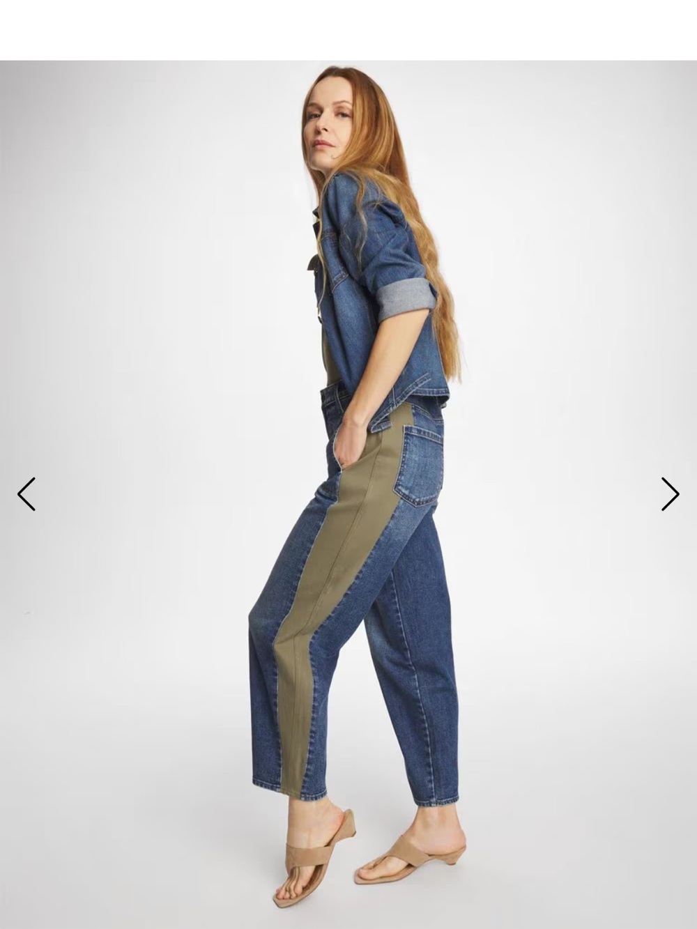 NWT Chico’s Utility Barrel Jeans Tapered Blue Denim Olive Colorblock Jeans 4R